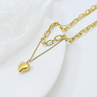 Collier Cœur Gonflé Double Couche Plaqué Or 18K avec Chaîne Maillons Trombone Torsadés en Acier Inoxydable Anti-ternissement pour Femme