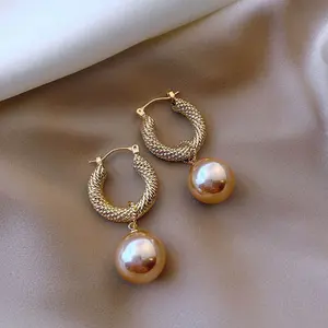 高档法式珍珠吊坠耳环奢华金色小圈耳环批发925针耳环女士时尚