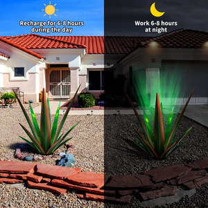 Grande sculpture rustique en métal de type agave pour la décoration extérieure de patio, jardin et maison, statue de jardin en métal d'agave avec lumière solaire - Product Image 2