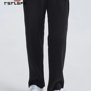 High Quality Men Pleated <b>Trousers</b> Vertical Ribbed Pants <b>Light</b> Grey Relaxed Fit Minimalist Streetwear Casual Straight Leg Pants - Product Image 5