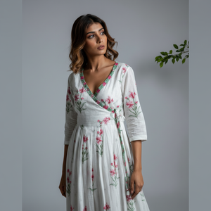 เดรสแม็กซี่ลำลองคอลเลคชั่นใหม่สำหรับผู้หญิงขนาดใหญ่พิเศษสินค้าดีไซน์เนอร์มีสไตล์ไม่ซ้ำใครตกแต่งด้วยกระดุมเอวธรรมชาติ - Product Image 1