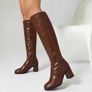 Botas Blancas hasta la Rodilla, Punta Redonda, Tacón Cuadrado, de Piel Genuina, Estilo Slip-On - Product Image 2