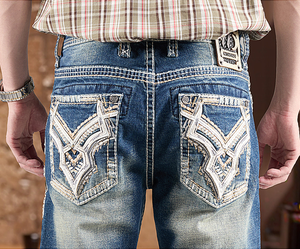 Heavy Stitch Men’s <b>Embroidered</b> Back pockets Stock Denim <b>Jeans</b> Mid Waist Washed Straight Leg fashion <b>jeans</b> - Product Image 6