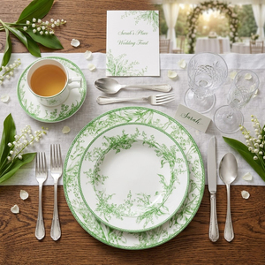 Juego de Vajilla de Porcelana China Vintage con Lirios del Valle Verdes, Plato Decorativo Floral de Cerámica, Taza de Café y Tazón para Bodas - Product Image 1