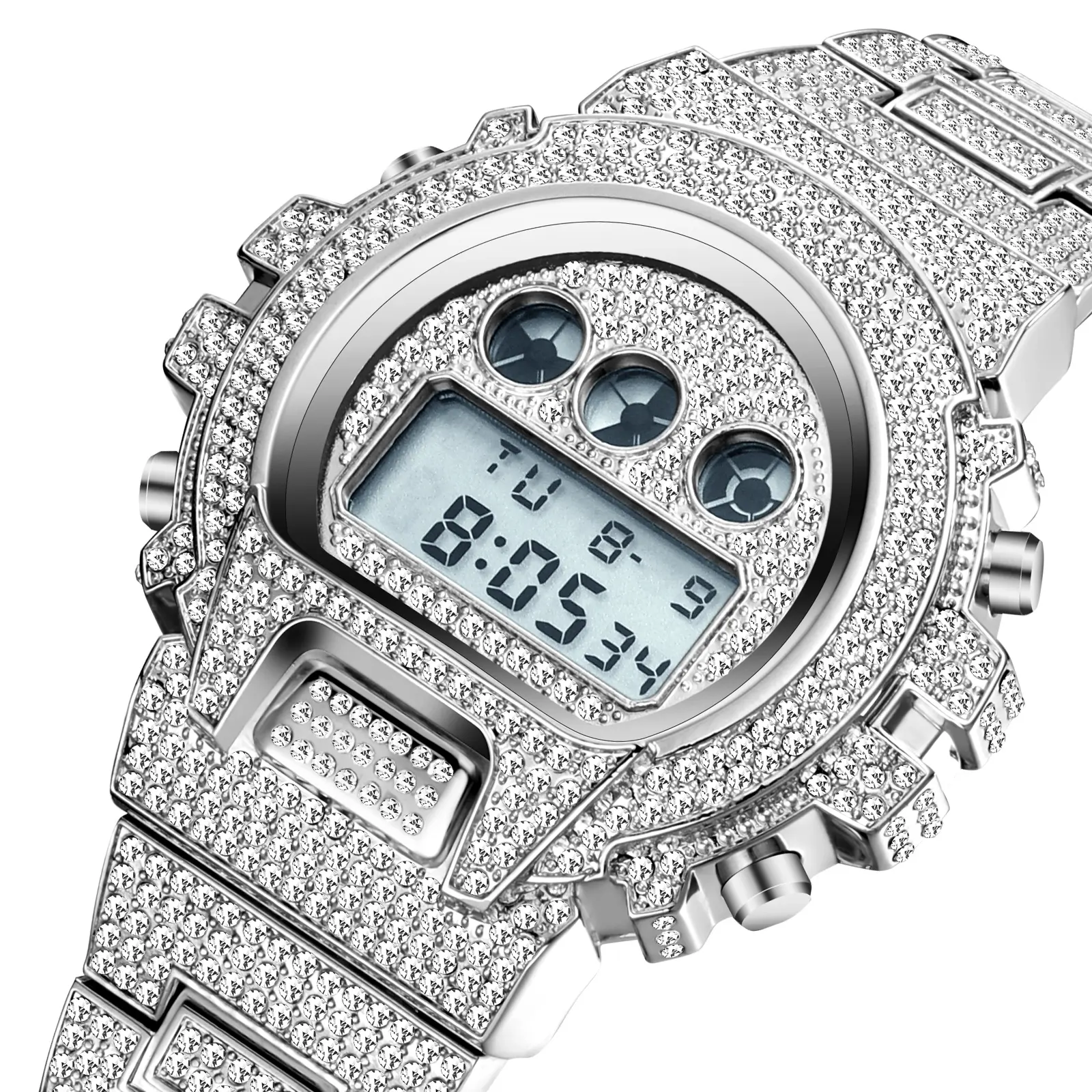 Iced Out Diamond Uhr für Männer Luxus LED Digital Herren uhren Wasserdichte Sport Armbanduhr Herren Mode Silber Stahl Herren uhr