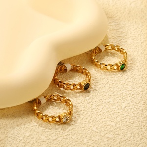 2024 New Design Fashion Green Black White Zirconia Rings Jewelry 18k Gold Plated Simple Chunky Cross <b>Chain</b> Link Ring for Women - Product Image 1