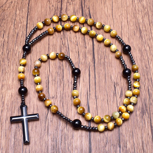 <span class=keywords><strong>Rosario</strong></span> in Occhio di Tigre Dorato e Onice con Croce in Ematite, Collana Lunga per Uomo, Gioiello <span class=keywords><strong>Rosario</strong></span> Cattolico in Pietra Naturale - Product Image 1