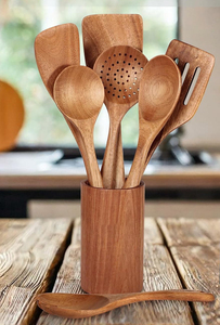 Ensemble de 7 spatules en teck et 4 cuillères en bois à poignée confortable, ustensiles de cuisine antiadhésifs, cuillères à mesurer, repose-cuillère - Product Image 5