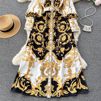 Vente chaude Vintage imprimé à manches longues robe trapèze femmes français enveloppé hanche sur le genou longue robe