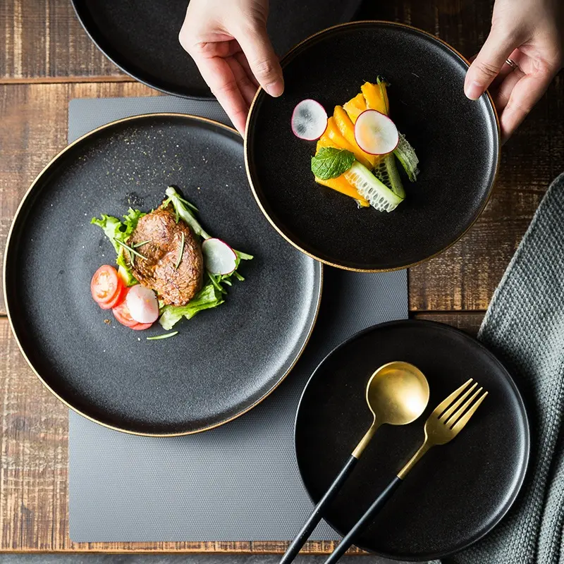 10 inç mat siyah restoran yemekleri plaka İskandinav seramik yemek tabakları porselen biftek tabağı