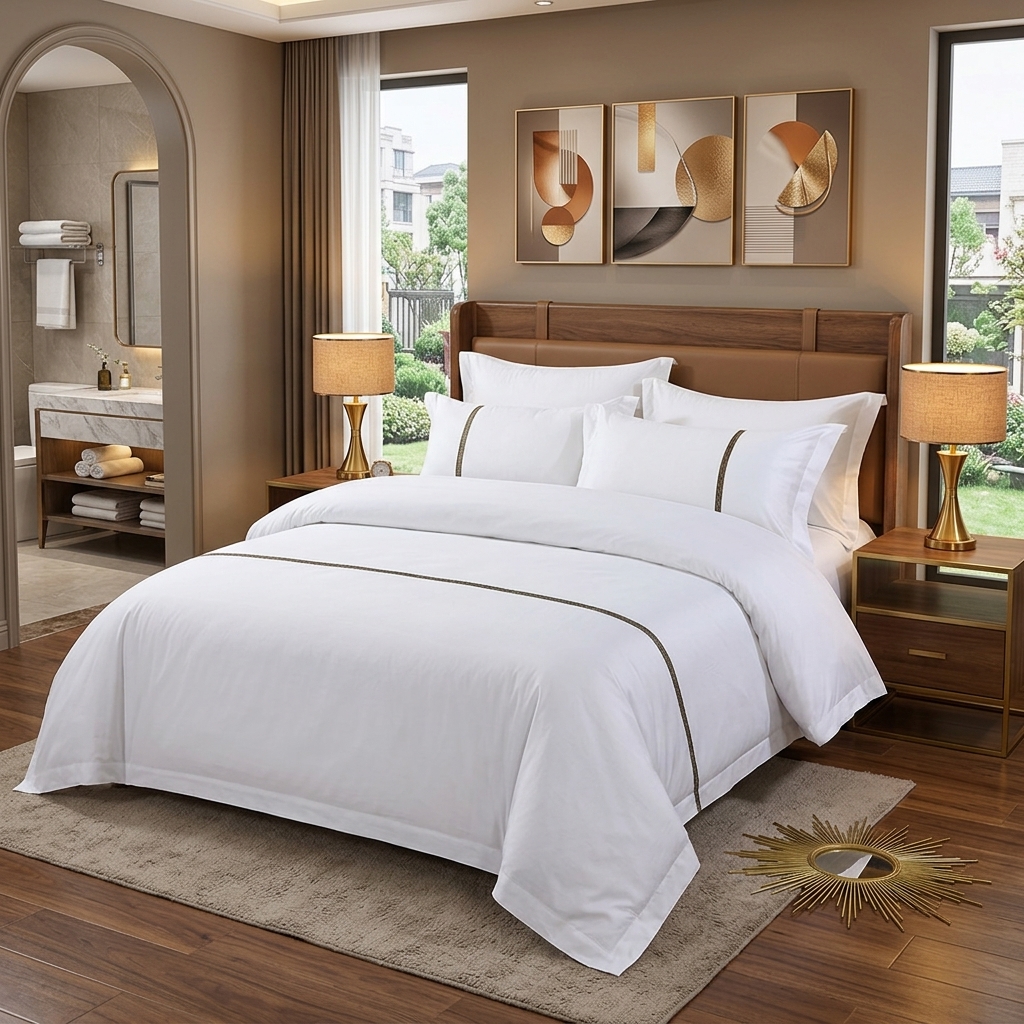 Hotel Project 100% Cotton Woven Bedding Set-Flat Sheet Fitted Sheet 300TC Breathable Durable Eco-Friendly For Hospitality