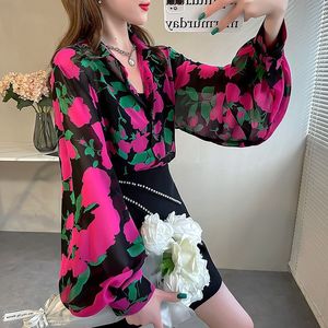 빈티지 플로럴 프린트 시폰 블라우스 여성용 랜턴 롱 슬리브 버튼다운 캐주얼 셔츠 - Product Image 6