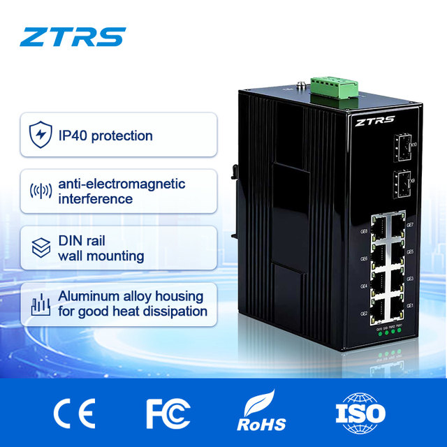 Industry-standard Unmanaged 8-port 1000M Ethernet + 2 SFP Interface PoE Switch, Supports DIN Rail Mounting.