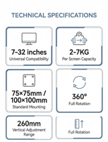 Bras de moniteur simple à réglage ergonomique et mouvement complet, avec fixation à pince en C et base à œillet, pour écrans de 17 à 32 pouces – Meilleure vente
