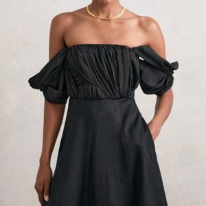 Vestido Midi Negro Elegante Bardot, Cuerpo Esculpido, Transpirable, 100% Lino, Lavable, Antiarrugas, Colección de Verano, Color Sólido, Oferta OEM - Product Image 2