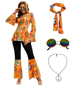 Costume <span class=keywords><strong>disco</strong></span> des années 70 pour femmes, 3 pièces, ensemble de vêtements imprimés <span class=keywords><strong>hippie</strong></span> des années 80, bandeau, déguisement rétro <span class=keywords><strong>disco</strong></span> pour fête d'Halloween - Product Image 4