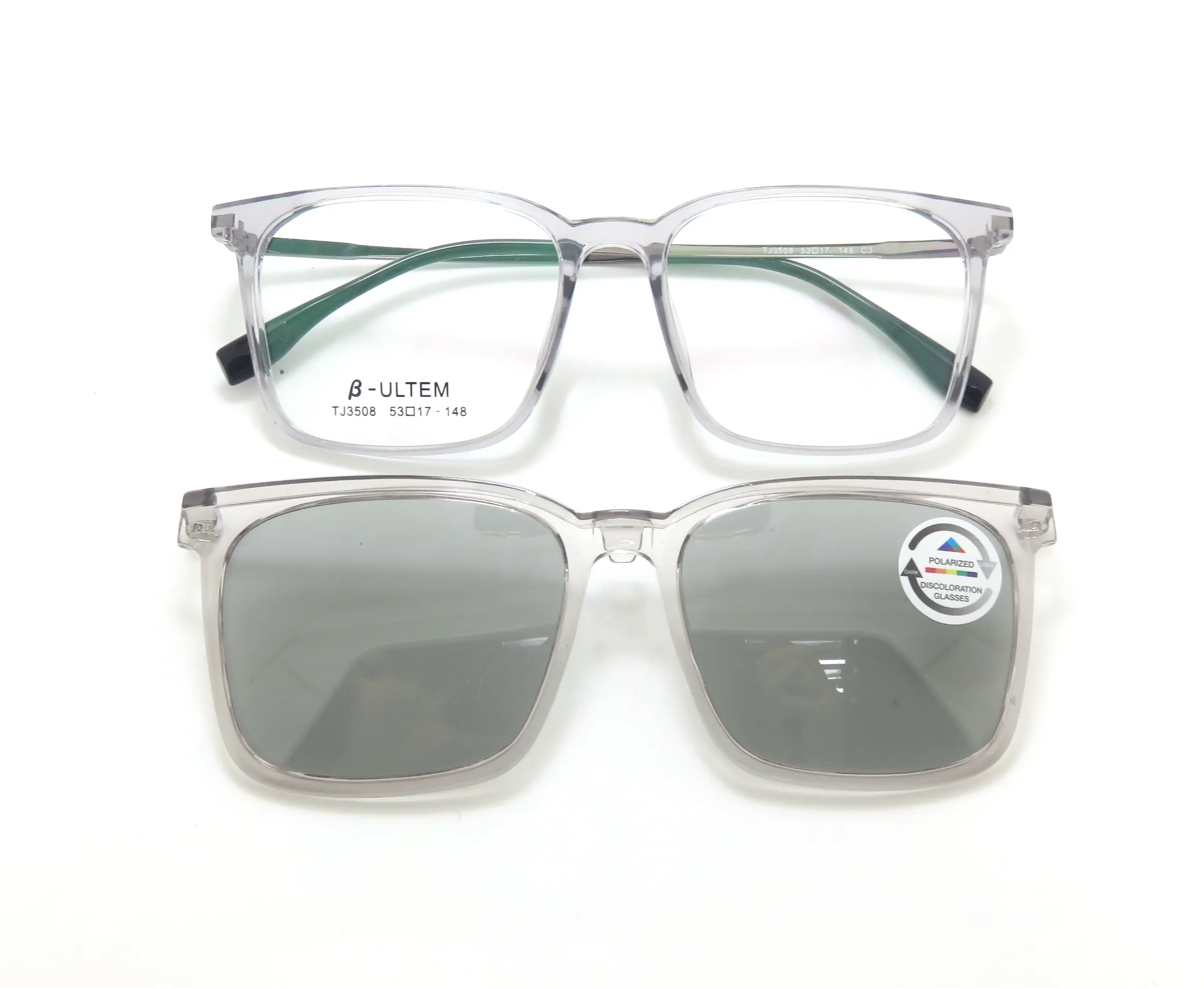 Nice echa TJ3508 Titanium Temple Tr90 Large square frame Glasses with Color changing sunglasses clip