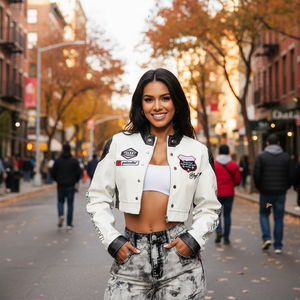 سترة سباق نسائية عالية الجودة مخصصة جلد طبيعي مقاوم للماء مفجر قصير مع تطريز الشنيل - Product Image 1