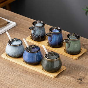 Sứ gia vị jar, gia vị gốm container với nắp muỗng và khay tre, muối đường hạt tiêu gia vị chậu hộp Set của 3 - Product Image 1