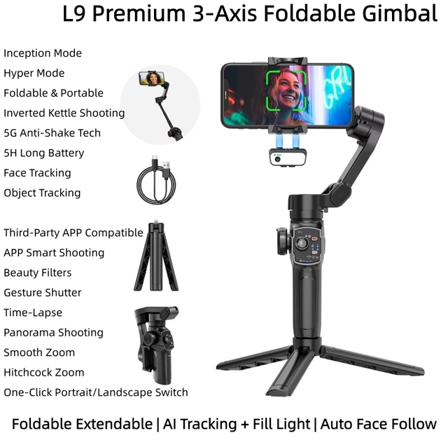 3-Axis Foldable Cell Phone Gimbal with AI Face Object Tracking Fill Light, 5H Long Battery Anti-Shake Handheld Video Stabilizer
