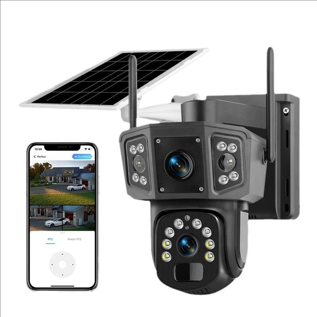 Low Power Solar Security Camera Dual Lens 4G WiFi  360° Panoramic Outdoor CCTV Camera Full Color Night Vision Monitoring Camera