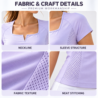Haut de tennis personnalisé pour femme à manches courtes, col en V, maille perforée unie, séchage rapide, coupe ajustée, pour l'entraînement sur le terrain