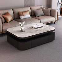 Table basse rectangulaire de style italien de luxe léger avec plateau en roche et tiroirs de rangement en bois massif pour salon