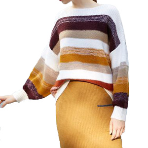Pull chaud en <span class=keywords><strong>laine</strong></span> mérinos pour dames en tricot ample à col rond à rayures colorées - Product Image 1