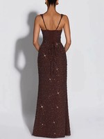 S0730Y Nouvelle Robe de Soirée Rouge à Paillettes, Bretelles Fines, Ajustée, à Nouer sur le Devant, Longueur Ras du Sol 2026