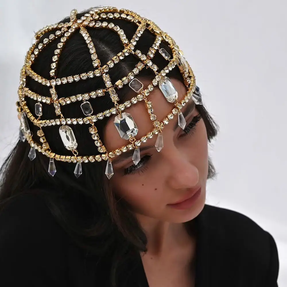 Go Party Braut haar Zubehör Geometrische Quadrat Strass Kopf kette Schmuck Wasser tropfen Stirn kette Hohl Quaste Kopf bedeckung