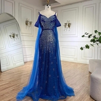 Robes de soirée sirène de luxe à bretelles spaghetti, ornées de perles, bleues/vertes/jaunes, avec manches cape, pour occasions formelles et soirées saoudiennes, collection 2025