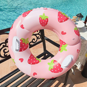 Flotador inflable de fresa de 90 cm con doble cámara de aire engrosada para piscina, parque acuático, flotador de PVC unisex para adultos con asa - Product Image 2
