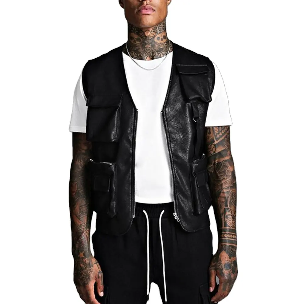 Custom Men's Utility Vests High Quality Fashion Wholesale Multi pocket Tactical Leather Motorcycle Utility Vest