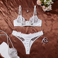 Ensemble de lingerie sexy pour femme, style frais, en maille brodée florale, soutien-gorge push-up à armatures et string, blanc, vente en gros, personnalisable OEM