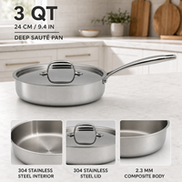 Poêle à frire et à sauter en acier inoxydable 304 de 24 cm avec couvercle, corps composite de 2,3 mm, compatible induction, fournisseur en gros d'ustensiles de cuisine