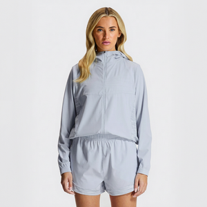 Conjunto de Chaqueta Cortavientos Ligera Gris para Mujer y Pantalones Cortos, Chándal Deportivo con Capucha y Cremallera Completa, Ropa Deportiva Informal con Paneles en Contraste - Product Image 1