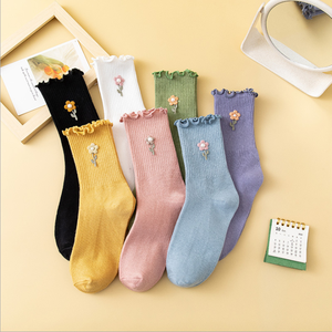 Cute Girl Sewing Cotton Flower Japan Solid Crew Slouch <strong>Sunflower</strong> Embroidered <strong>Socks</strong> Women - Product Image 4