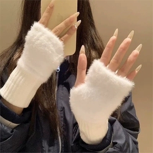 Guantes suaves <span class=keywords><strong>de</strong></span> invierno con medio dedo para mujer, guantes cálidos <span class=keywords><strong>de</strong></span> lujo sin dedos <span class=keywords><strong>de</strong></span> punto <span class=keywords><strong>de</strong></span> felpa blanca sólida - Product Image 1