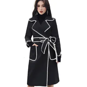 Elegant Winter Ladies Custom Double Face Real Fox Mongonia Fur Collar Cuffs Cashmere Trench Coat with Belt Long Wool Coat Women