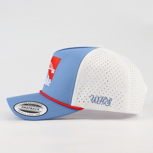 Casquette <span class=keywords><strong>de</strong></span> golf <span class=keywords><strong>de</strong></span> performance à visière incurvée, personnalisée, découpée au laser, perforée, imperméable, à 5 panneaux, avec broderie, style trucker, avec filet et cordon - Product Image 3