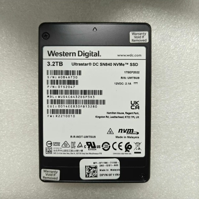 0TS2047 West-ern Dig-ital SN840 3.2TB U2 NVMe SSD WUS4C6432DSP3X3