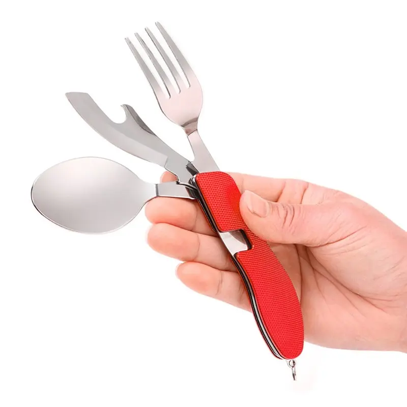 4 In 1 Foldable Spoon Knife fork bottle opener Stainless Steel Folding Pocket Kits Outdoor Tableware Set