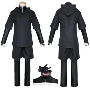 Perruque de cosplay Anime, 4 pièces, Costume de Tokyo Ghoul COS, costume Jin Muken, de type alimentaire, vêtements de combat, perruque de cosplay Anime