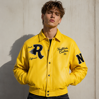 Blouson Teddy Universitaire Personnalisé pour Homme en Broderie Chenille, Cuir Véritable Imperméable, Style Streetwear