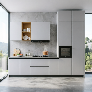 Ensemble d'armoires de cuisine compactes à une ligne, blanc crème, style minimaliste, avec tiroirs et <span class=keywords><strong>four</strong></span> noir intégré - Product Image 3
