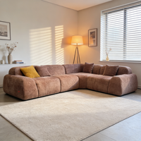 Canapé modulaire en velours bordeaux, en forme de L, incurvé, segmenté, avec coussins contrastants, convertible, pour la famille, les loisirs, les petits espaces