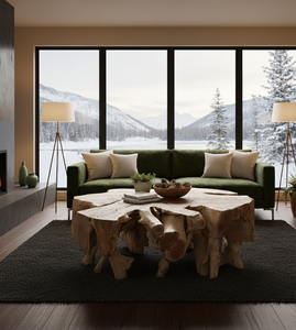 Mesa de centro de raíz de teca orgánica, hecha a mano con madera de teca maciza y tapa de vidrio, que ofrece durabilidad, valor artístico y elegancia. - Product Image 3