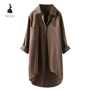 Dames casual effen overhemd van linnen met zakken en lange mouwen - Product Image 2