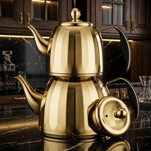 Ensemble de théière <span class=keywords><strong>Karaca</strong></span> Urban turque en acier inoxydable à induction, 2 pièces, avec poignée en verre, 3 litres, compatible lave-vaisselle, couvercle, bouilloire à thé, passoire - Product Image 1