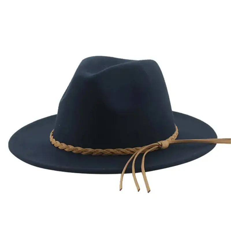 Stilista all'ingrosso Unisex bicolore Floppy piatto a tesa larga in feltro di lana abito da Cowboy cappelli Fedora con nastro a treccia
